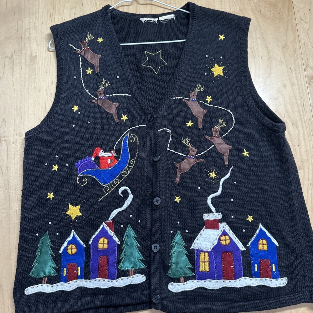 VTG Y2K Bobbie Brooks Womens Black Ugly Christmas Sweater Vest Size XL Santa